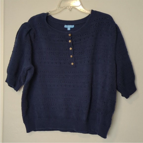 Draper James - Navy Blue Puff Sleeve Pointelle Henley Sweater - XXL - Picture 2 of 7